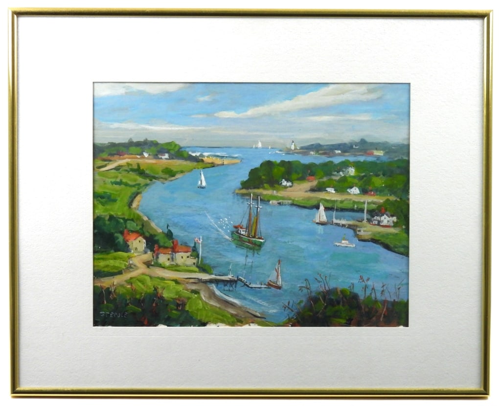 Signed Charles Stepule Landscape Painting: Framed original acrylic on illustration board painting, signed lower left by the artist Charles Stepule (1911-2006). Painting is a colorful view of the Annisquam River, on the Northshore of Massachuse