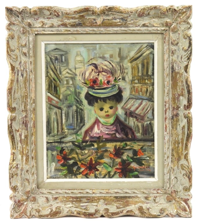 Framed Guarnera Signed Oil Painting of a Girl: 20th Century framed oil painting on canvas of a girl with a doll-like face, set amidst a cityscape with flowers in the foreground, signed lower right "Guarnera". Canvas is 8 3/4" W x 10 3/4" H, and