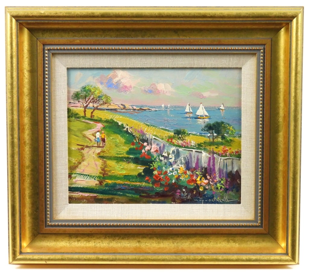 Wayne Morrell Oil Painting "Sailing By The Sea": Original, signed, landscape, oil painting on canvas board by Wayne Morrell, titled "Sailing By The Sea, Rockport". Painting depicts a colorful seaside landscape with flowers and a couple walking a
