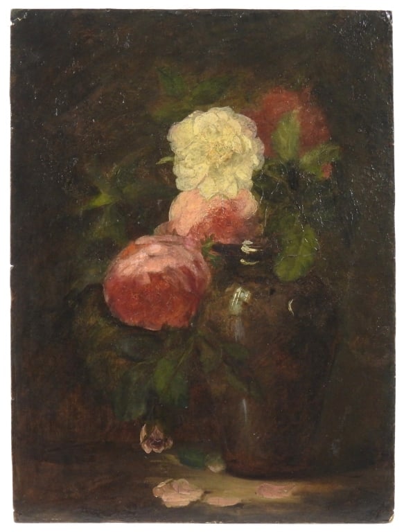 19th Century Floral Still Life Oil On Canvas Board: Lovely 19th century, unframed, floral still life oil on canvas painting of roses in a vase, consistent with American and European floral pieces of that period. Painting is mounted on heavy double-ply