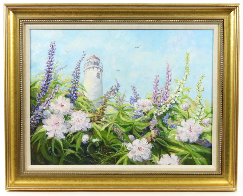 Signed Sinacola Oil On Canvas Landscape Painting: Framed O/C landscape painting with pink and purple blooming flowers in the foreground, with a lighthouse behind, set amidst a backdrop of blue sky with wispy clouds and a few birds. Signed "Linda