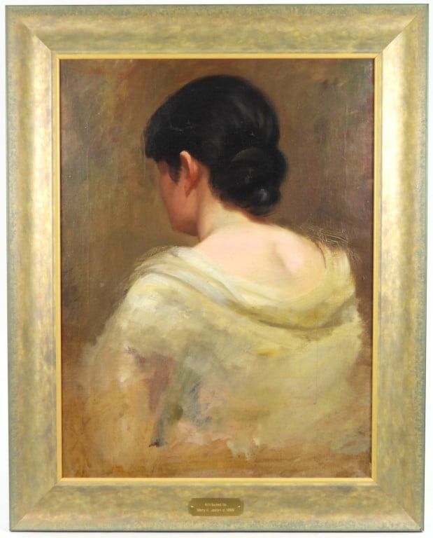 Framed O/C Painting Of A Woman: Unsigned impressionist of a rear facing female with hair bun that is nicely framed with affixed plaque "Attributed To Mary E. Joslyn d. 1899" Sight 23" x 17.5" Overall with frame is 29.5" x