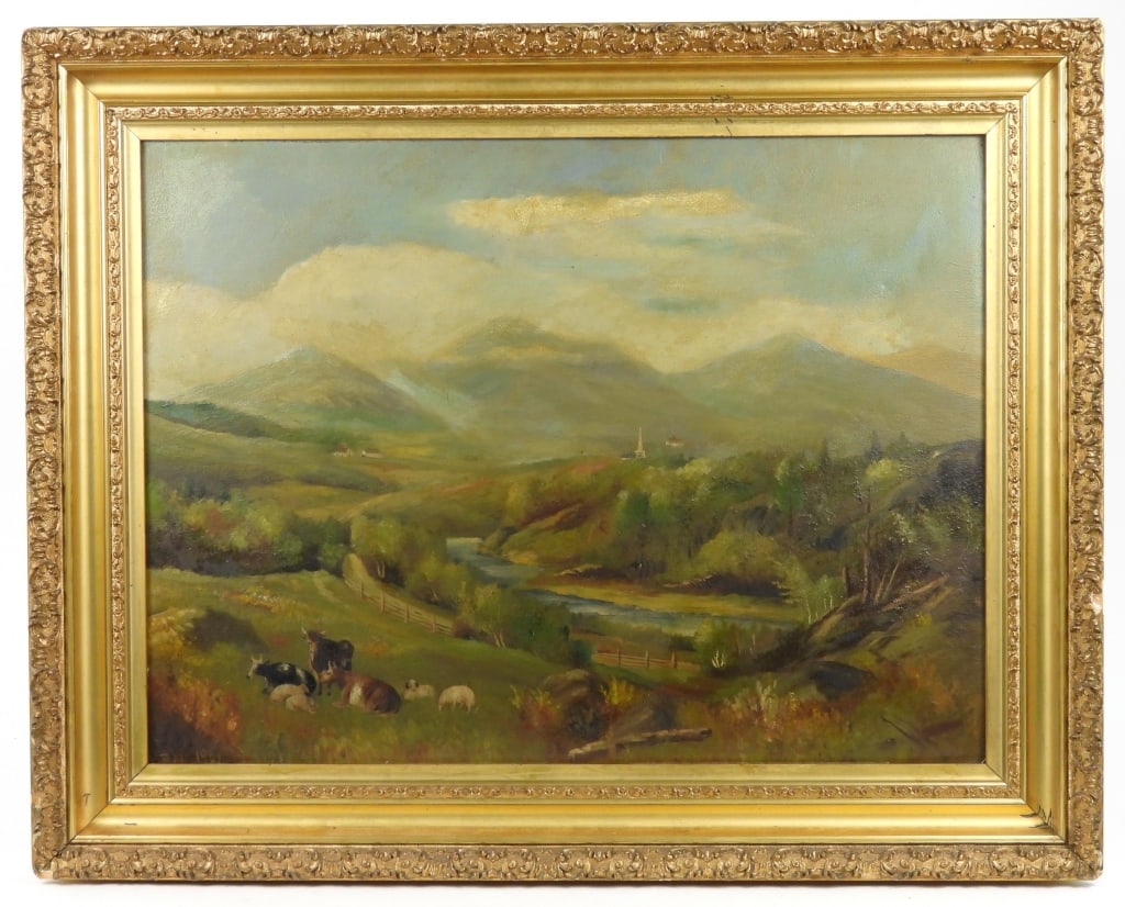 O/B Village Mountains Landscape: Initialed L/S lower corner "WPN 1901" likely William Parker Newton 1861-1928 (Salmagundi Club & Canadian Academy Of Arts) Cows in a pasture with a country road winding through hills, houses, a river,