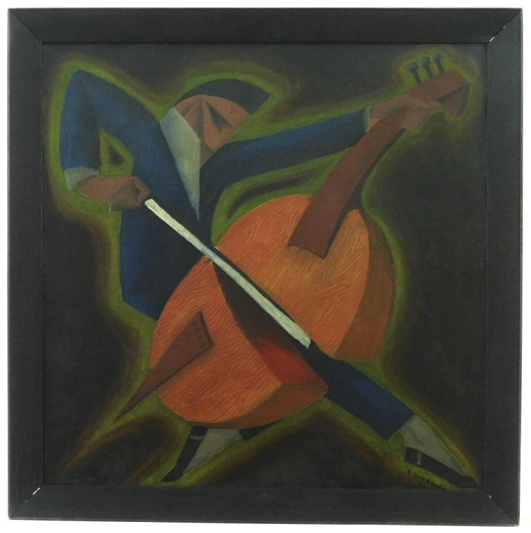O/C Abstract Musician Signed Robert Van Rosen: Painting is titled and signed on reverse stretcher "Furioso" and appears to be dated 1924 or 1926 and signed R. Van Rosen 1904-1966 on the bottom R/S corner, date is covered by frame. From a Park Ave
