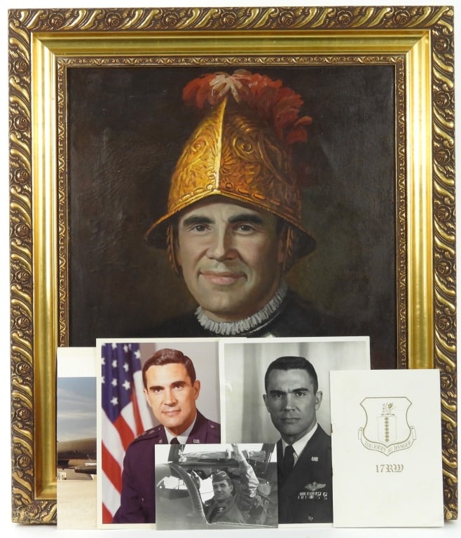 O/C Portrait Of General Richard Lawson: This painting depicts the highly decorated war time Airforce General as a 17th century Spanish Conquistador and was presented to General Lawson. Included with this lot are several photographs and a