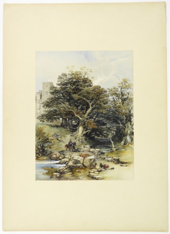 19thC Hand Colored Tinted Print: Large mounted on thin board is a castle ruins scene with knights at a river. Artist unknown but monogram appears in center rock. Sight 16" x 12" and overall with board is 28" x 20". Very well painted.