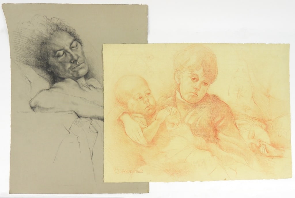 Two Mixed Media Works On Paper: Three children reclining signed "R.J. Vandermeer" A study of a woman in a chair with indistinguishable initials. Each measure 19" x 26"