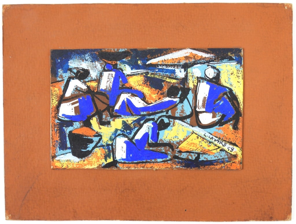 Small Signed Lazard Abstract Painting: Haitian modernist Luckner Lizard 1928-1998 signed "L. LAZARD 58" on R/S lwr corner. Untitled and dated 1958. Measures 3.25" x 5.25" mixed media mounted to a 6" x 8" cardboard panel.