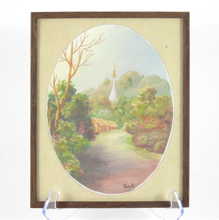 Signed M Thein Pe Burmese Landscape Painting: Impressionist Burma gouache painting with temple and houses. Signed "Thein Pe" on L/S lower corner.Frame 10 1/2 x 8 1/2" Sight 9" x 6 5/8"