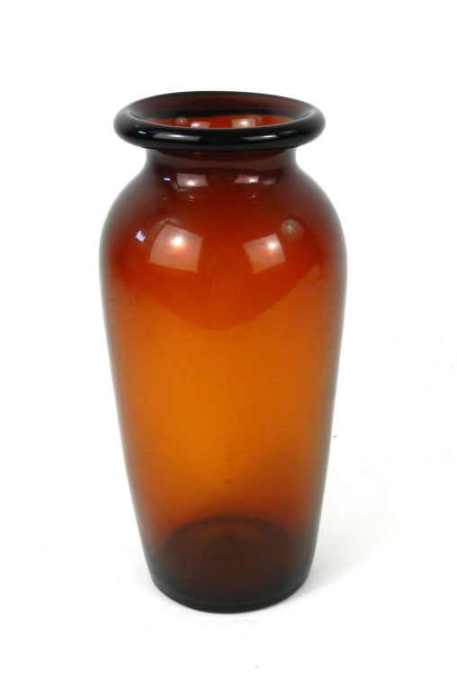 19th-C Large Rolled Lip Jar Bottle: Nice Amber / Orange color with pontil bottom. Having a 3/8" rolled lip. Measures 4-3/4" diameter x 10" high.