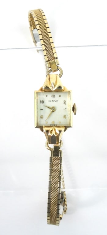Womens Art Deco Rensie 14K Gold Watch: 1940 era antique wind wrist watch with RU54 17 jewel movement and backing is stamped "14K Gold" The bracelet band is marked 10K gold filled and measures approx. 5-3/4" long. Dial case measures 9-1/16"
