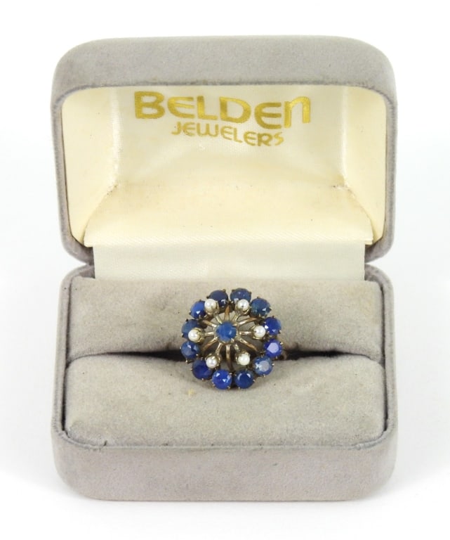 Womens Custom Made 14K Gold Ring: Antique setting with what appears to be 13 natural Sapphires with 6 cultured pearls. Band is marked "14K" and ring weighs 4.0 grams. Size is approx. 5-1/2".