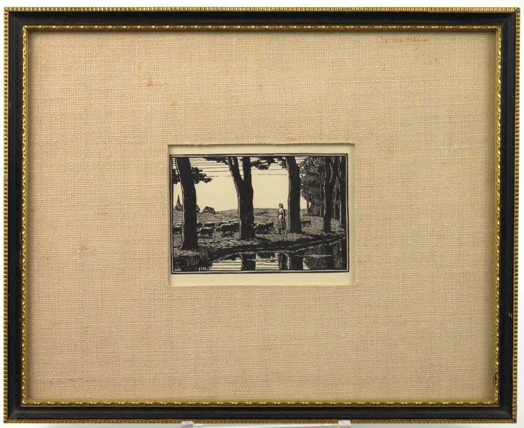 Gwendolen Raverat Sheep Landscape Woodblock Print: Small framed Gwendolen Raverat 1885-1957 (Grand daughter of Charles Darwin) woodblock landscape print under glass, of a woman and cows with large trees and a stream in the foreground, and a village in