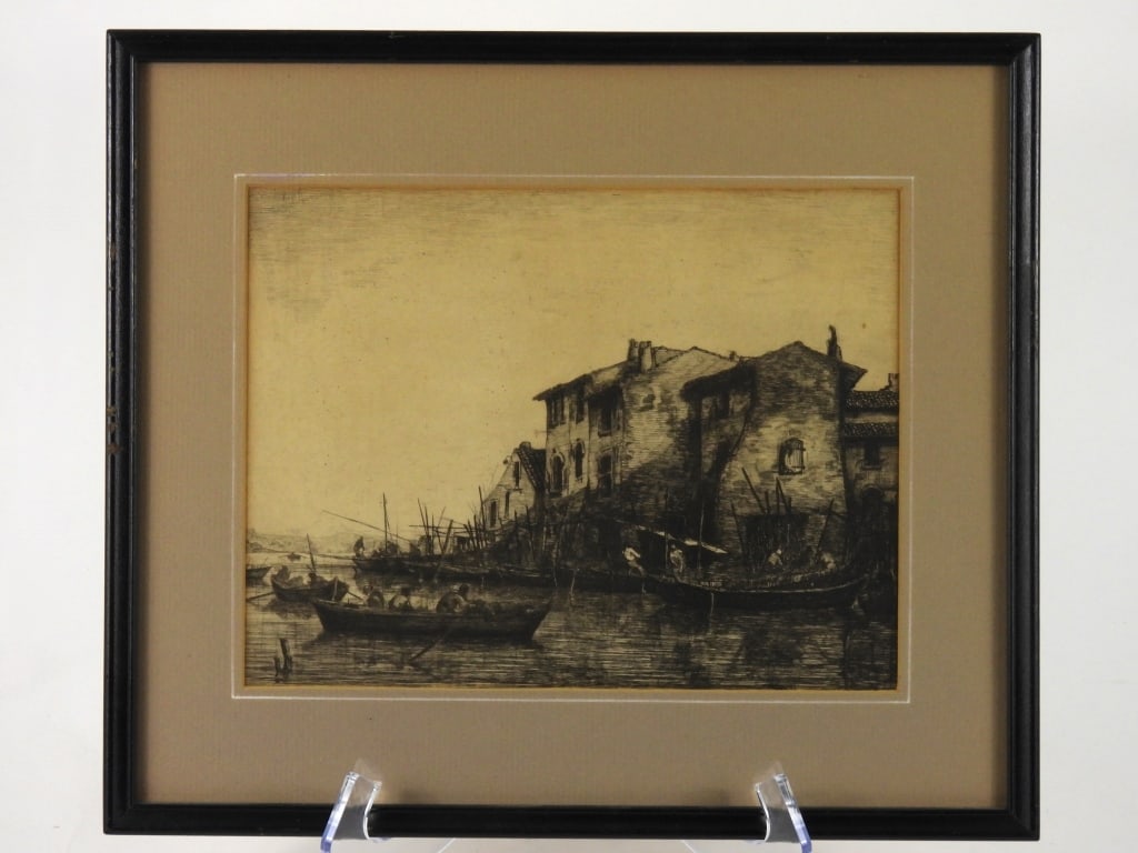 Justin Gabriel Maritime Dock Scene Etching: Titled "La Petite Venise," depicts ships and men in rowboats along a dock with dilapidated buildings. Justin Gabriel 1838-1923 French artist. Sight 8" x 10" overall with frame 12-3/4" x 14-5/8"