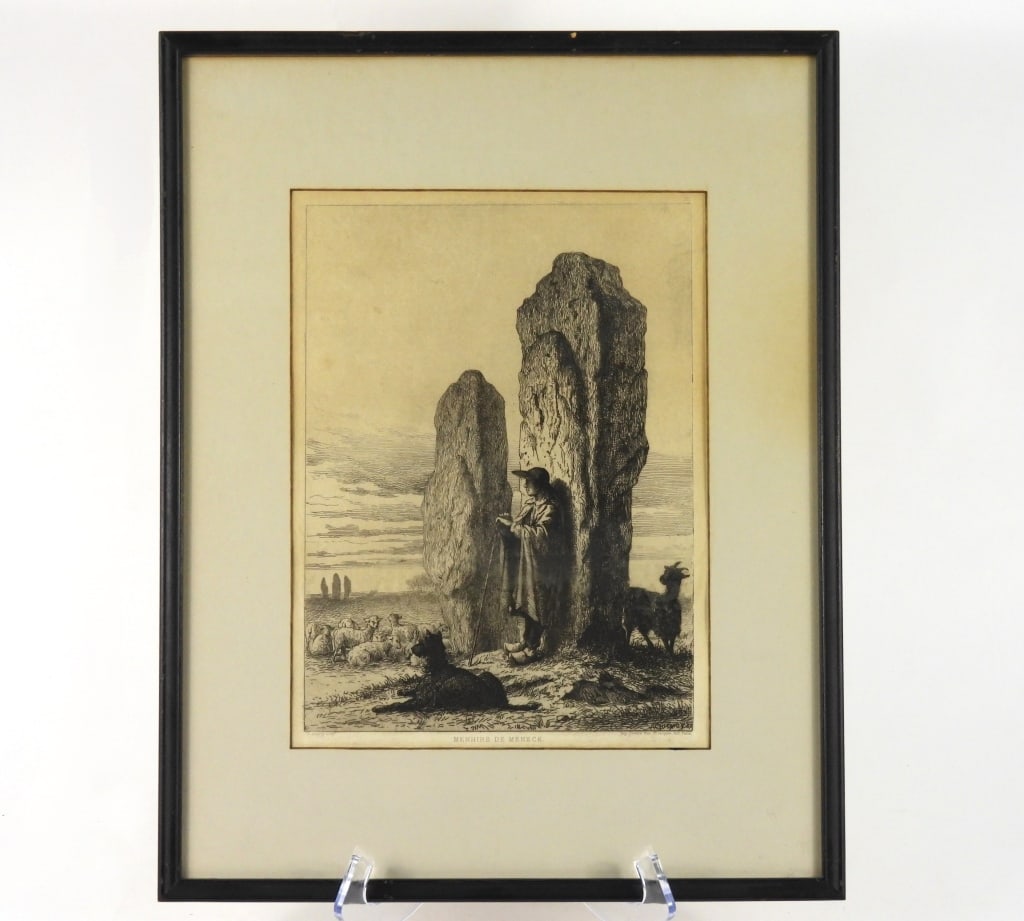 Armand Queyroy Shepherd Figure Etching: Impressionist depiction of a shepherd resting against a rock formation with his dog at his feet overlooking his flock, titled "Menhirs de Meneck" Armand Queyroy 1830-1893 France. Image 11 1/4" x 8