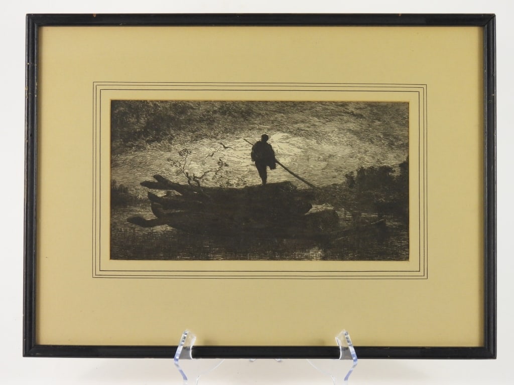 Alfred Aufray de Roc'Bhian Stream Figure Etching: Impressionist depiction of a figure standing on stacked lumber over a flat boat drifting down a stream, titled "Along the Stream." Alfred Aufray de Roc'Bhian 1833-1887 France. Image 6 1/4" x 11 3/4"