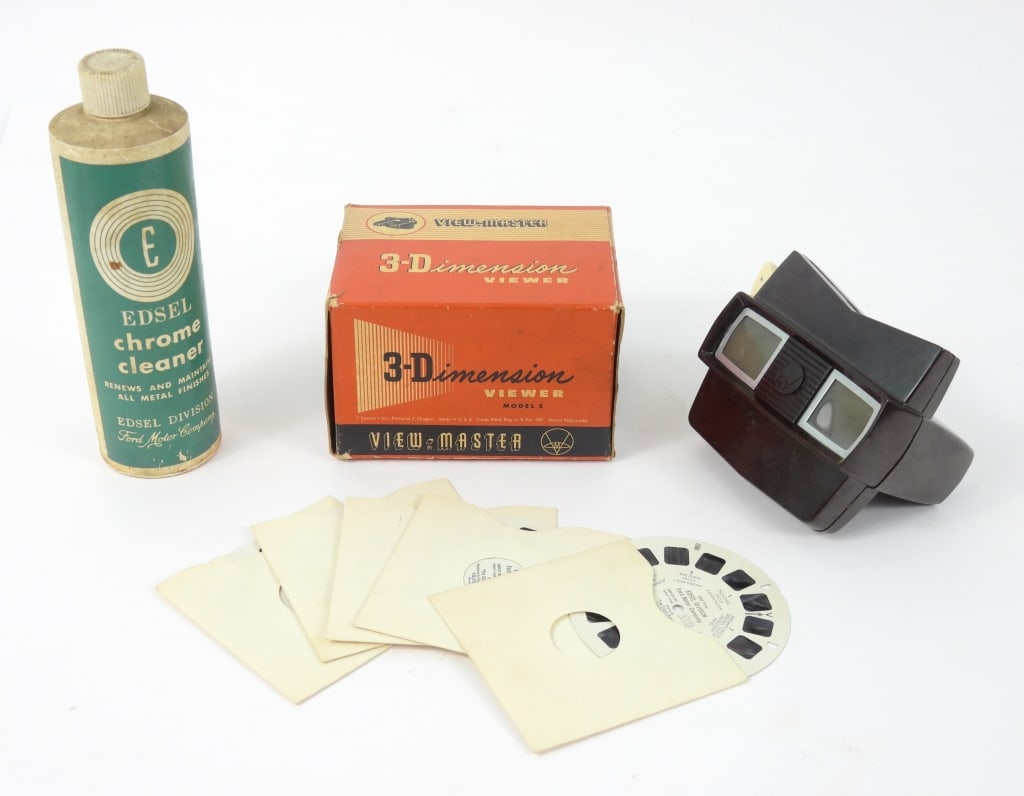 1957 Ford Edsel Promotion View Master Set: Green Line Program for salesman, dealership, and customers. Features the Corsair, Citation, Roundup, Ranger, and Pacer models for the 1958 year. Includes 5 slide discs (complete set) made by the Regan