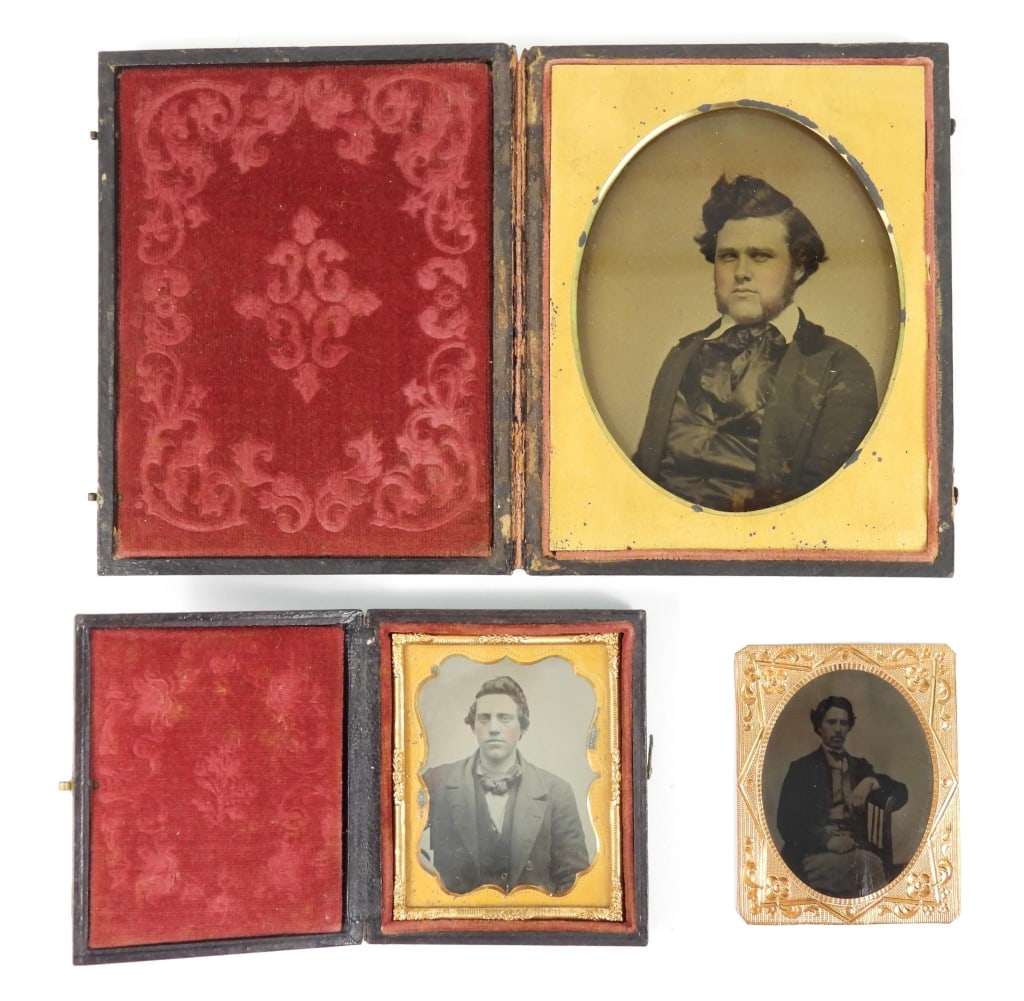 Group Of 3 Antique Photographs: Group of 3 unidentified 19th century antique photographs, including a quarter plate Ambrotype portrait of a man with mutton-chop whiskers in a case, a 9th plate Ambrotype portrait of a man with color-