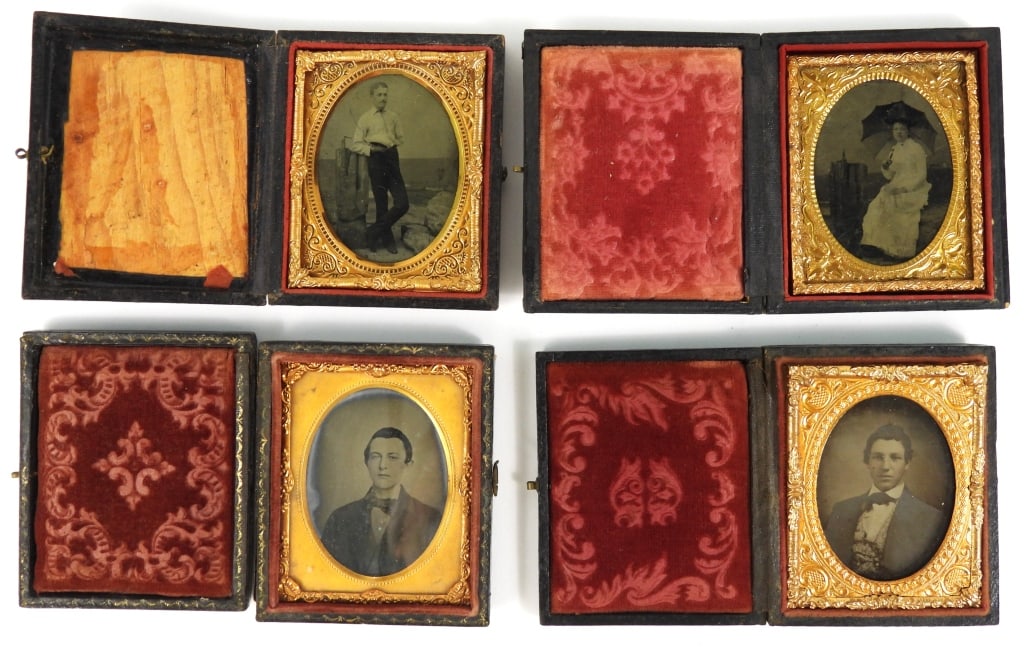 Group of 4 Antique 9th Plate Photographs in Cases: Group of four 9th plate images in wood cases, including an Ambrotype portrait of a man in a fancy vest and tie identified as "Asa Dean Davis", an Ambrotype portrait of a young man, a tintype portrait 
