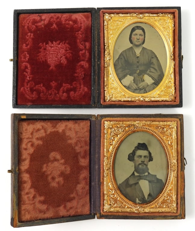 A Pair of Antique 9th Plate Photographs in Cases: Two beautiful 9th plate Ambrotypes in wooden cases, including a portrait of a young woman identified as 'Sarah Rowe Beland", in a dress with hand-tinted pink cheeks and gold brooch, buckle, and ring, 