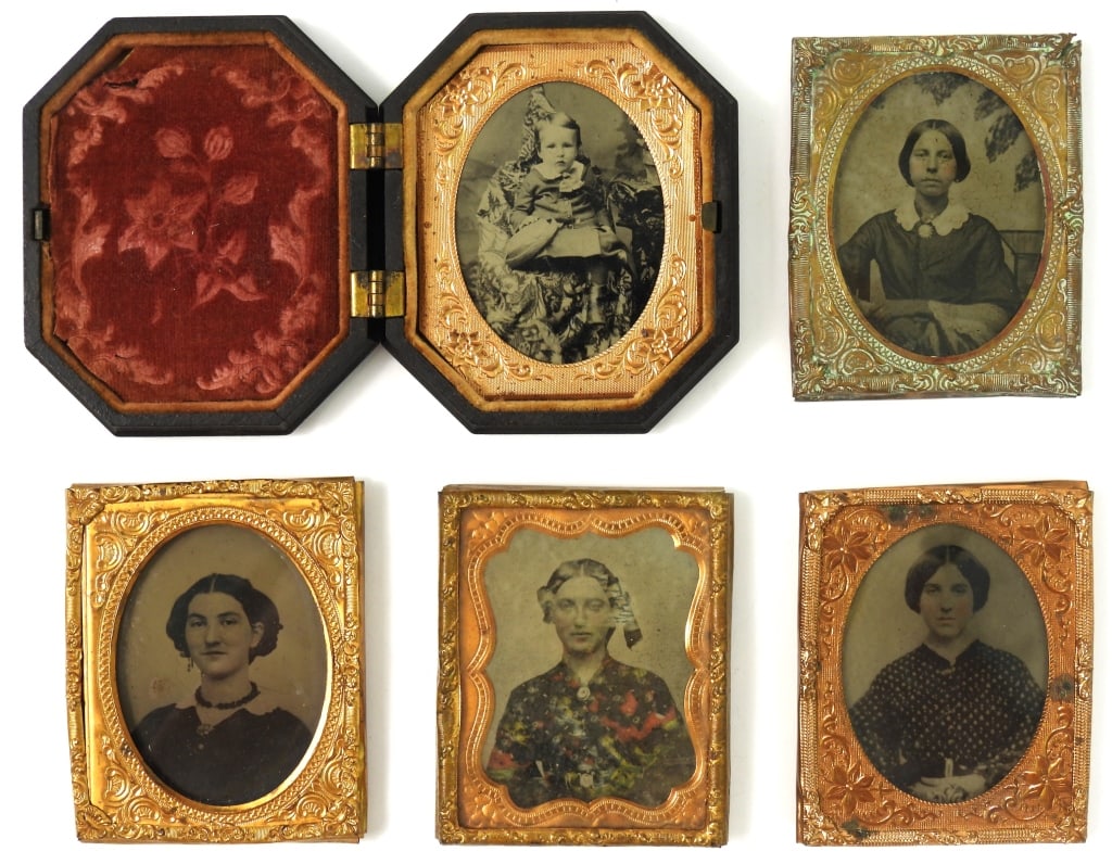 Group of 5 Antique Photographic Portraits: Group of Five antique photographic portraits including a 9th plate tintype of a very young child in an octagon shaped gutta-percha case with an "A.P. Critchlow & Co. Dagueorrotype Cases"