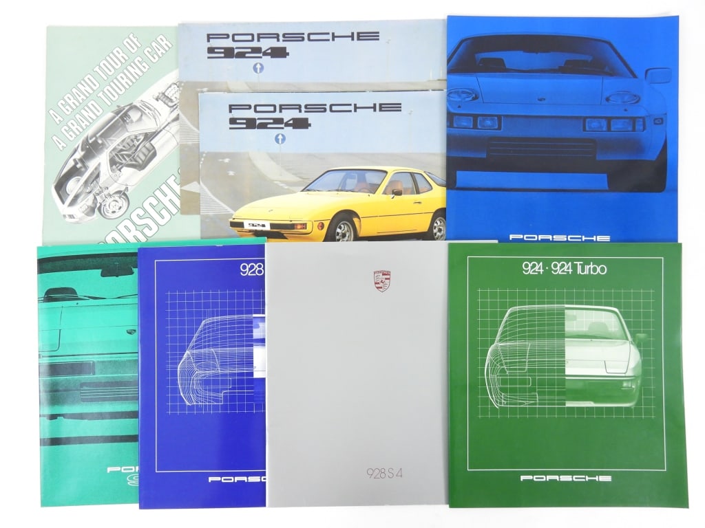 8PC Porsche 928 924 Dealership Brochures: A nice grouping of Porsche cars pamphlets that includes the 928 S4 and the Turbo. Years are 1978, 1980, and 1987. Largest 8 1/2" x 12"