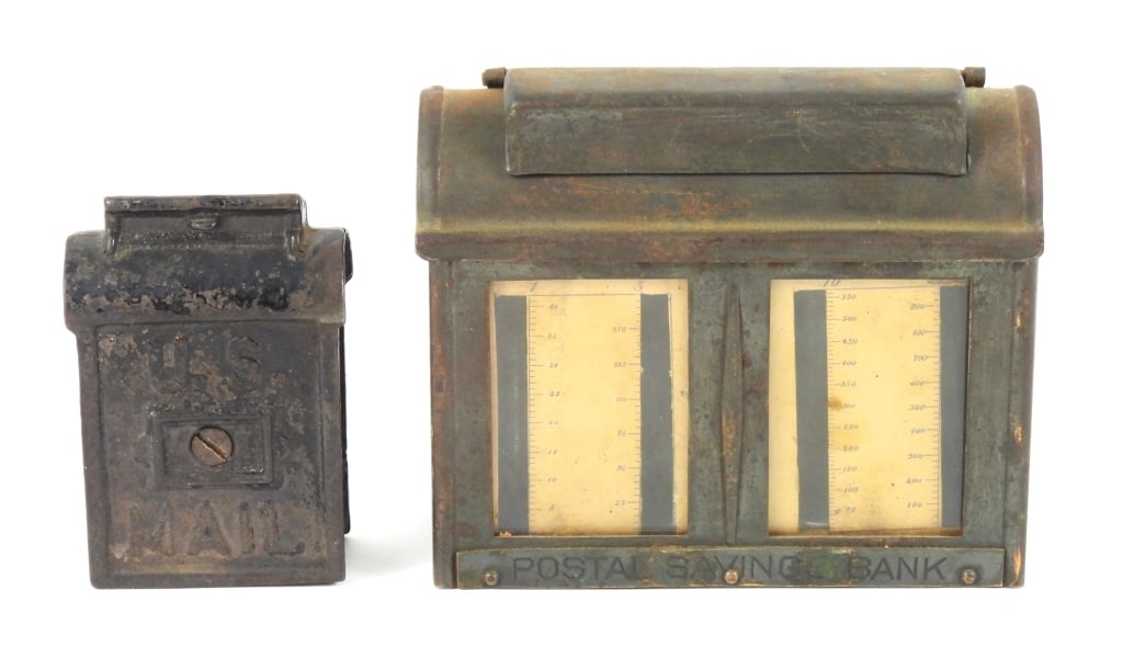 Two U.S.Mail Marked Banks: A small cast iron letter box that measures 2-1/2" x 1-1/4" x 3-1/2" high. A steel "Postal Savings Bank" with coint level amount in front window. Patent date of 1902. Measures 5-1/2" x 2" x 4-1/2"