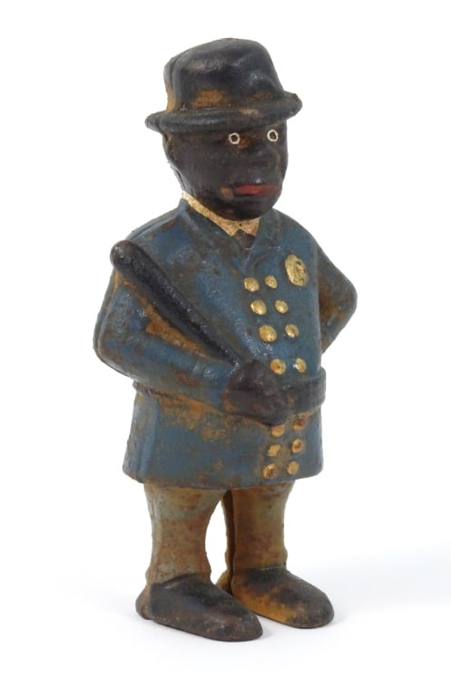 Mulligan The Cop Cast Iron Bank: Appears to be A.C. Williams Company bank with original paint with some surface rust with grime from storage. Measures 5-1/2" high.