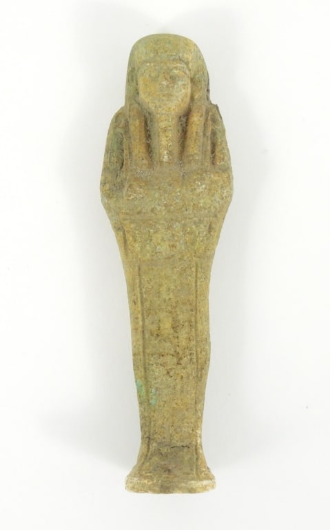 Ancient Egyptian Ushabti Figure: Late period Shabiti servant funerary Amulet faience figure. Measures 3.75" long. Appears to be 660-330 BC with traces of Blue surface.