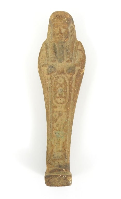 Ancient Egyptian Funerary Ushabti Figure: Late kingdom period Shabiti mummy Amulet ceramic figure. Measures 4-1/8" long. Appears to be 650-500 BC with traces of hieroglyphs down the center.