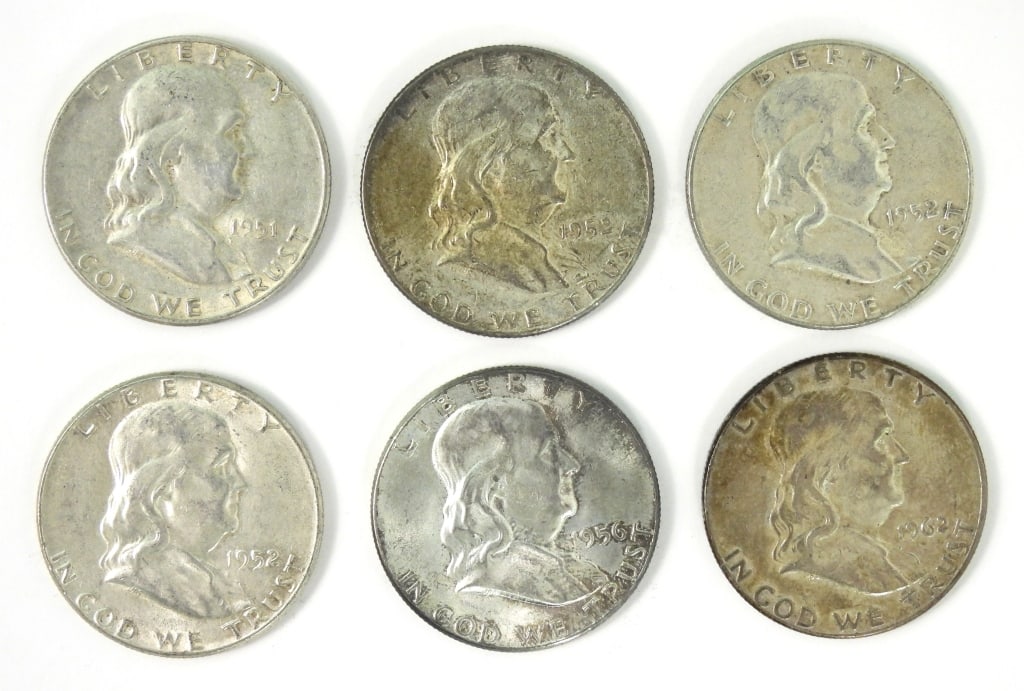 6 Circulated Silver Franklin Half Dollars (1 of 2)
