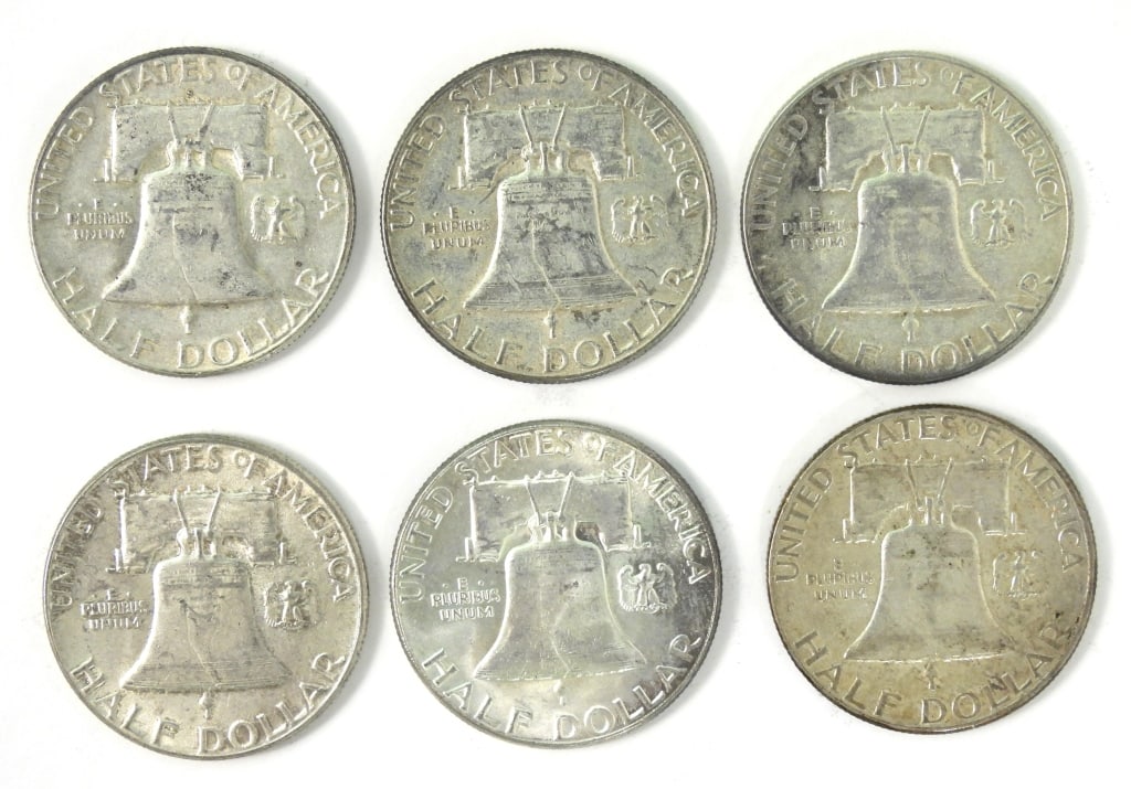 6 Circulated Silver Franklin Half Dollars - 2