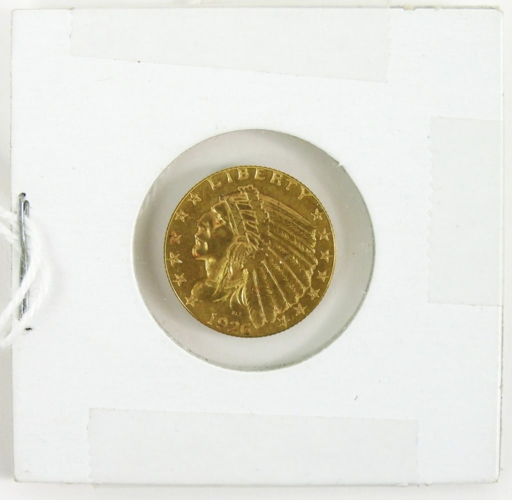 1926 U.S. Gold 2-1/2 Indian Head Quarter Eagle: First US incuse struck coin. $2-1/2 dollar in good circulated condition wear on edges and headdress.