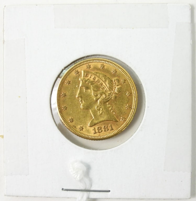 1881 U.S. Gold $5 Coronet Head Half Eagle: $5 United States circulated coin with bag scars on reverse eagle shield. No mint stamp.