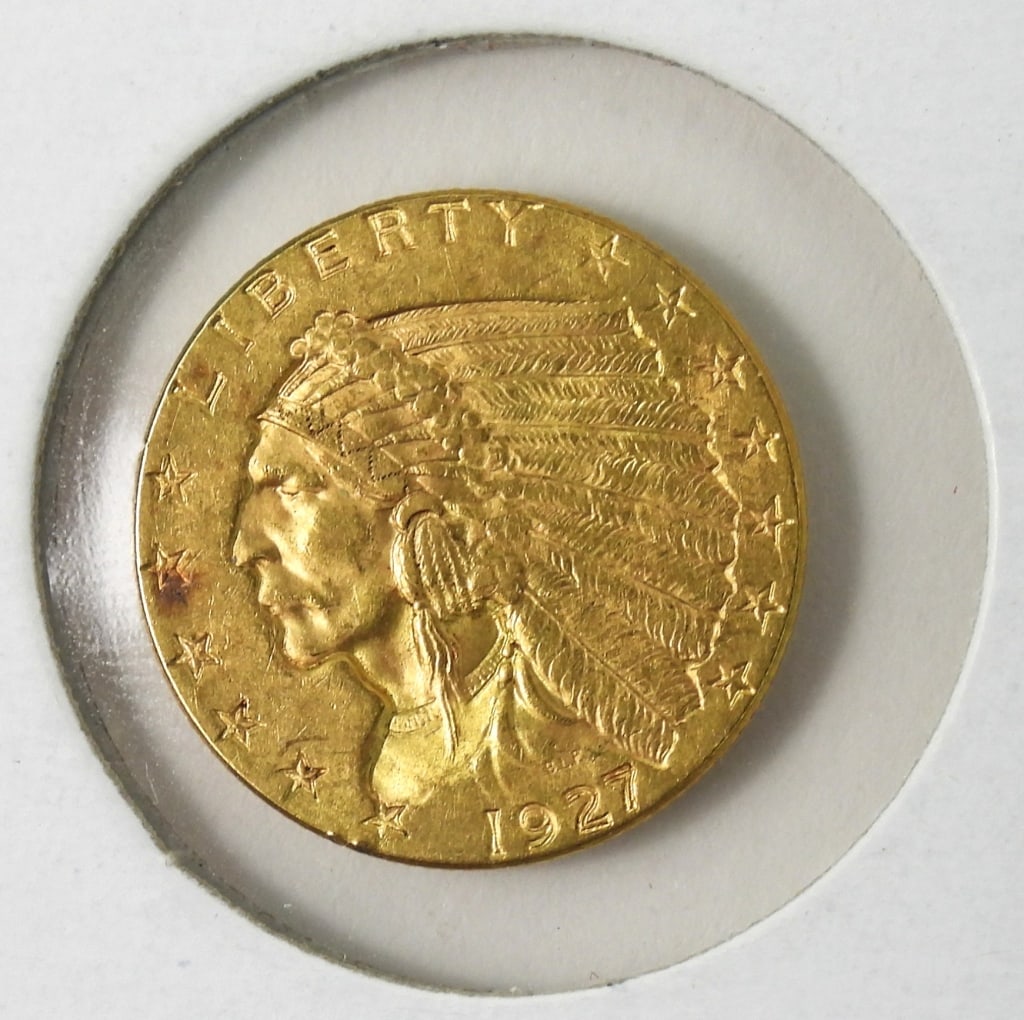 1927 U.S. Gold 2-1/2 Indian Head Quarter Eagle: First US incuse struck coin. $2-1/2 dollar in good circulated condition wear on edges and headdress with some grime.