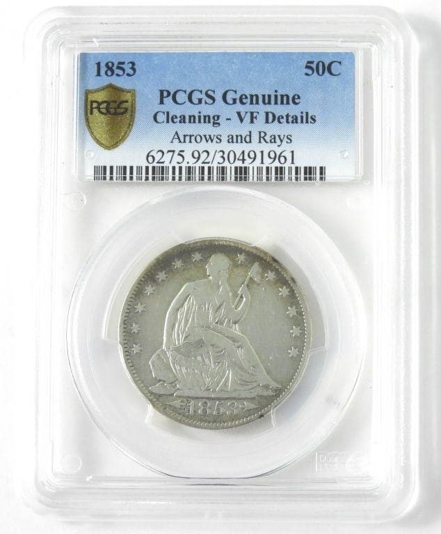 1853 Arrows & Rays Silver Half Dollar: Seated Liberty only year produced PCGS cased and graded genuine cleaning-VF U.S silver coin.