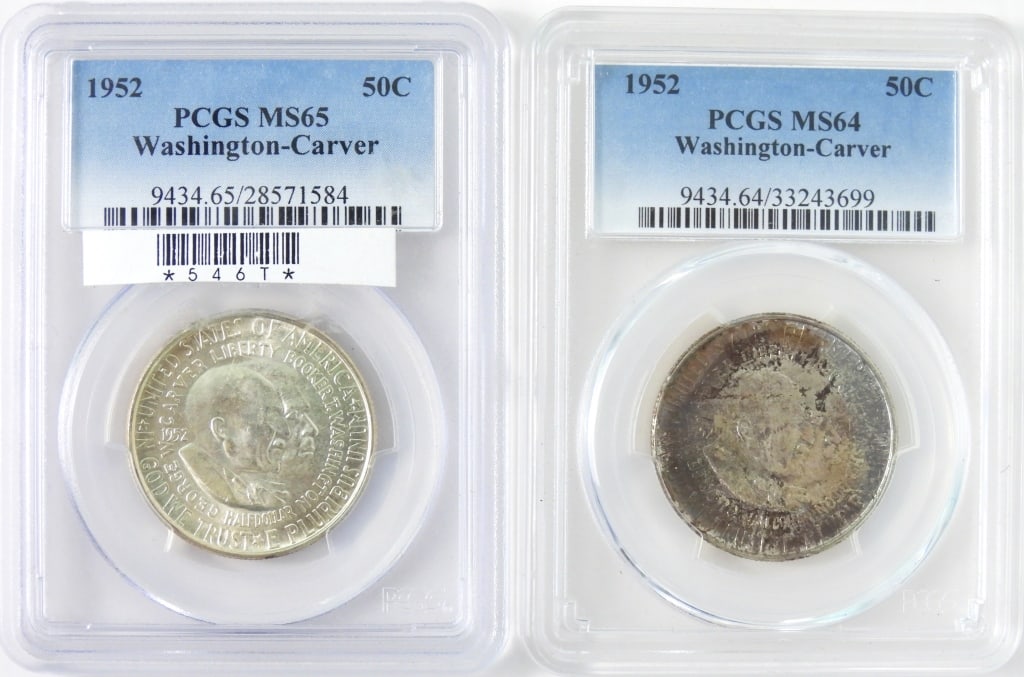 Two 1952 Washington-Carver Silver Half Dollars: Both U.S. silver commemorative coins are PCGS cased and graded. One being an MS65 and the other a MS64