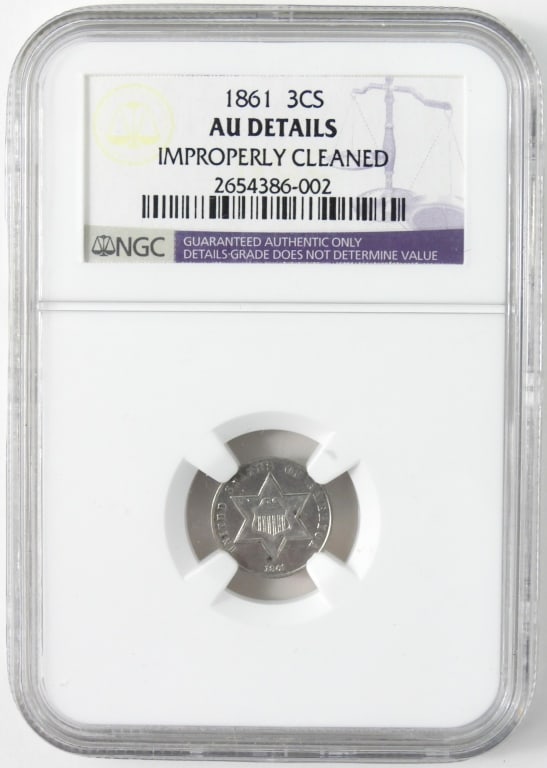 1861 Silver 3 Cent Piece Trime: This rare silver U.S. 3CS coin is NGC cased and graded AU Details, improperly cleaned