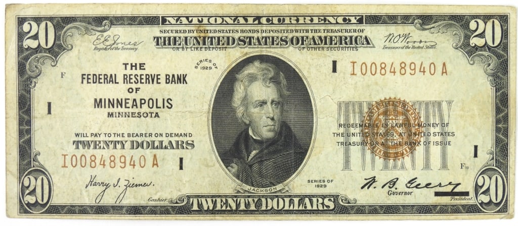 1929 Minneapolis $20 Federal Reserve Note: This U.S. note is un-graded, but is in good condition for a circulation bill. Has FRBN brown seal "The Federal Reserve Bank Of Minneapolis Minnesota"