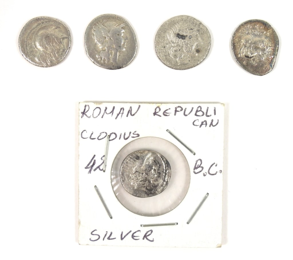 5 Silver Roman Republican Coins: 5 small silver Roman Republican coins.