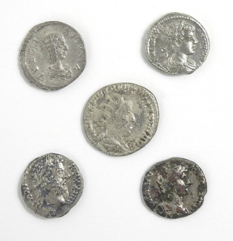 5 Silver Roman Denarius Coins: A group of 5 silver Roman Denarios.