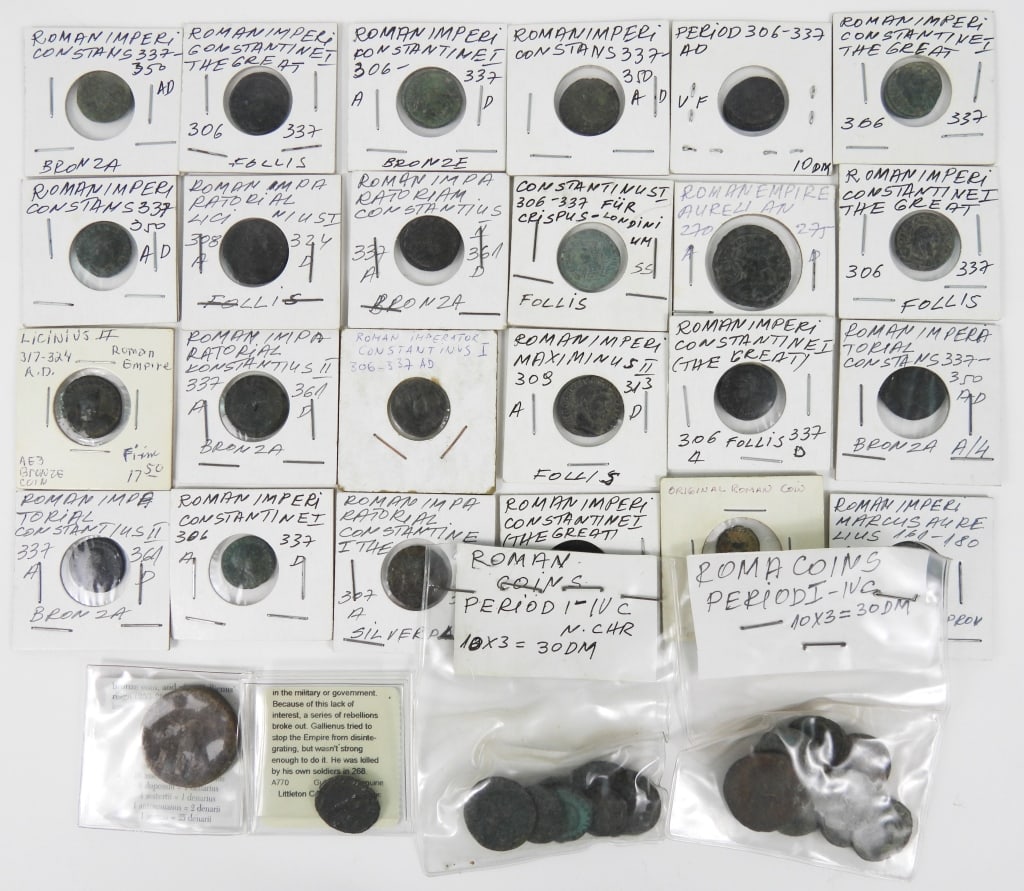 Group of Late Roman Bronze Coins: Group of approx 40 various Late Roman coins, 200-400 AD, many individually packaged and identified.