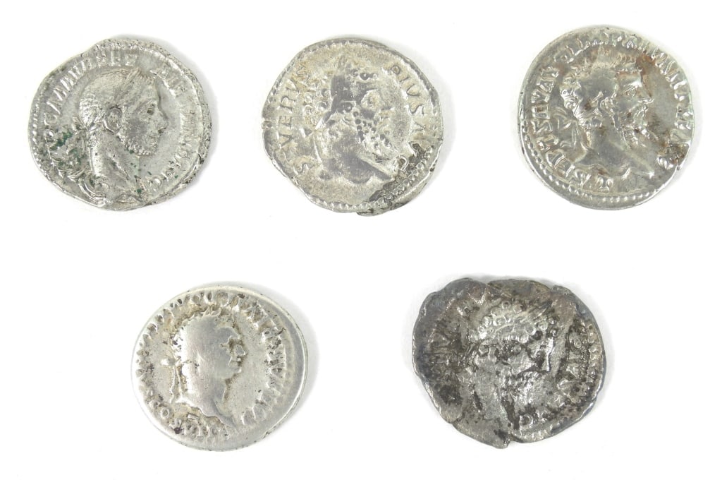 Group of Silver Roman Denarius Coins: 5 silver Roman Denarios.
