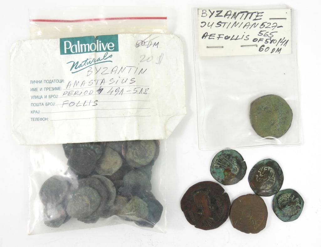 Large Group of Byzantine Bronze and Copper Coins: Large assorted group of approx 35 Byzantine bronze and copper coins.