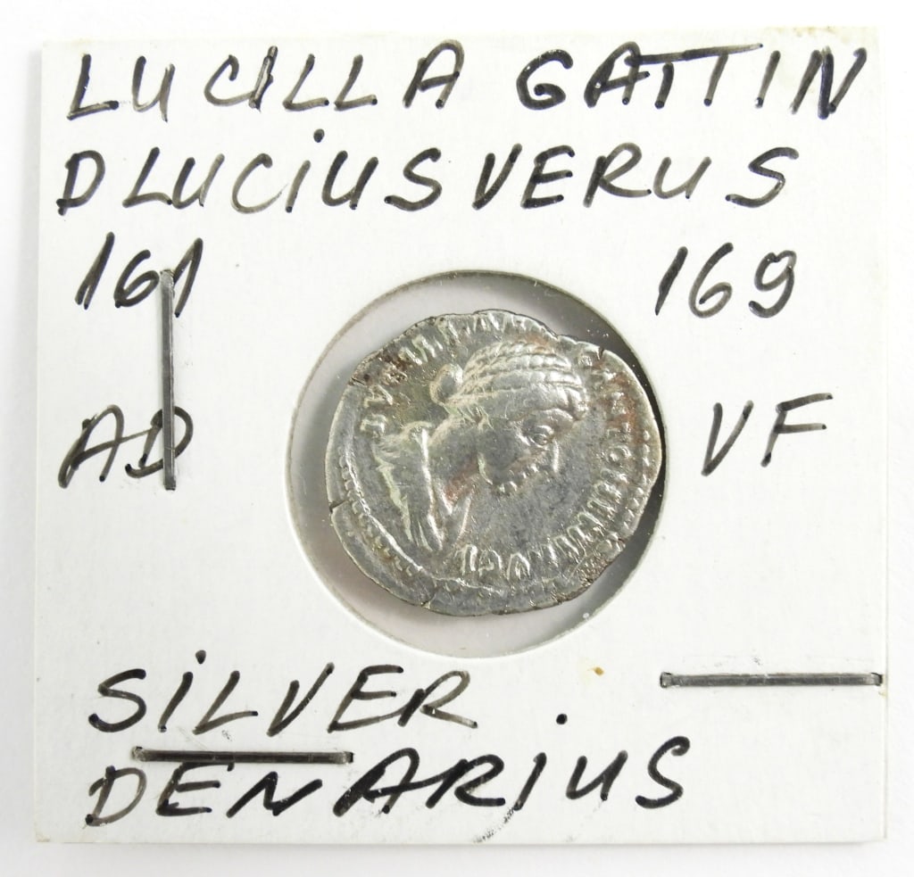 Silver Roman Empress Lucilla Denarius Coin: Silver Roman Denarius coin featuring Empress Lucilla.