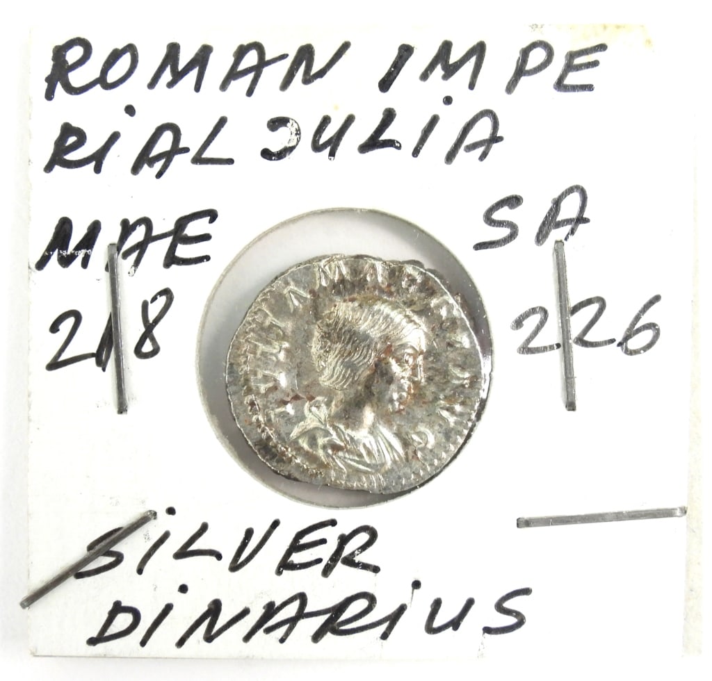 Silver Roman Empress Julia Domna Denarius Coin: Silver Roman Denarius coin featuring Empress Julia Domna.