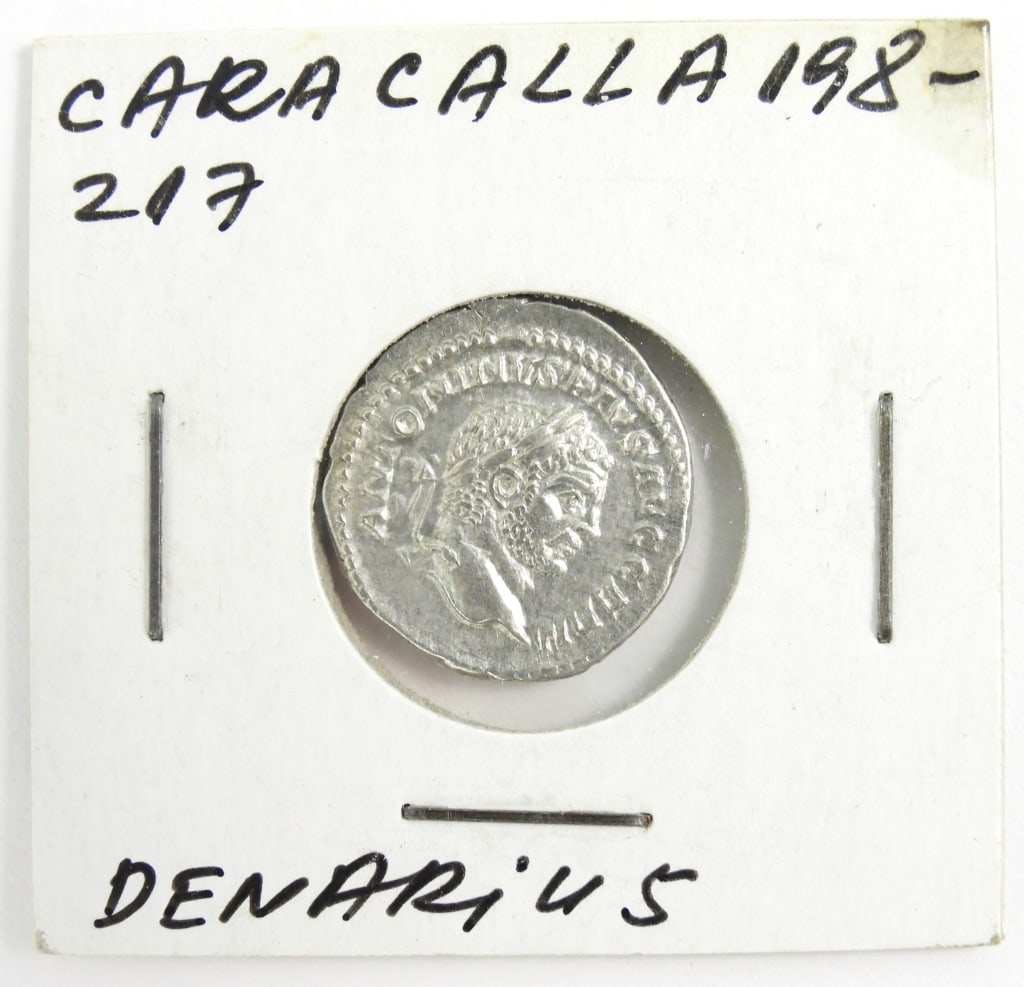 Silver Roman Emperor Caracalla Denarius Coin: Silver Roman Denarius coin featuring Emperor Caracalla.