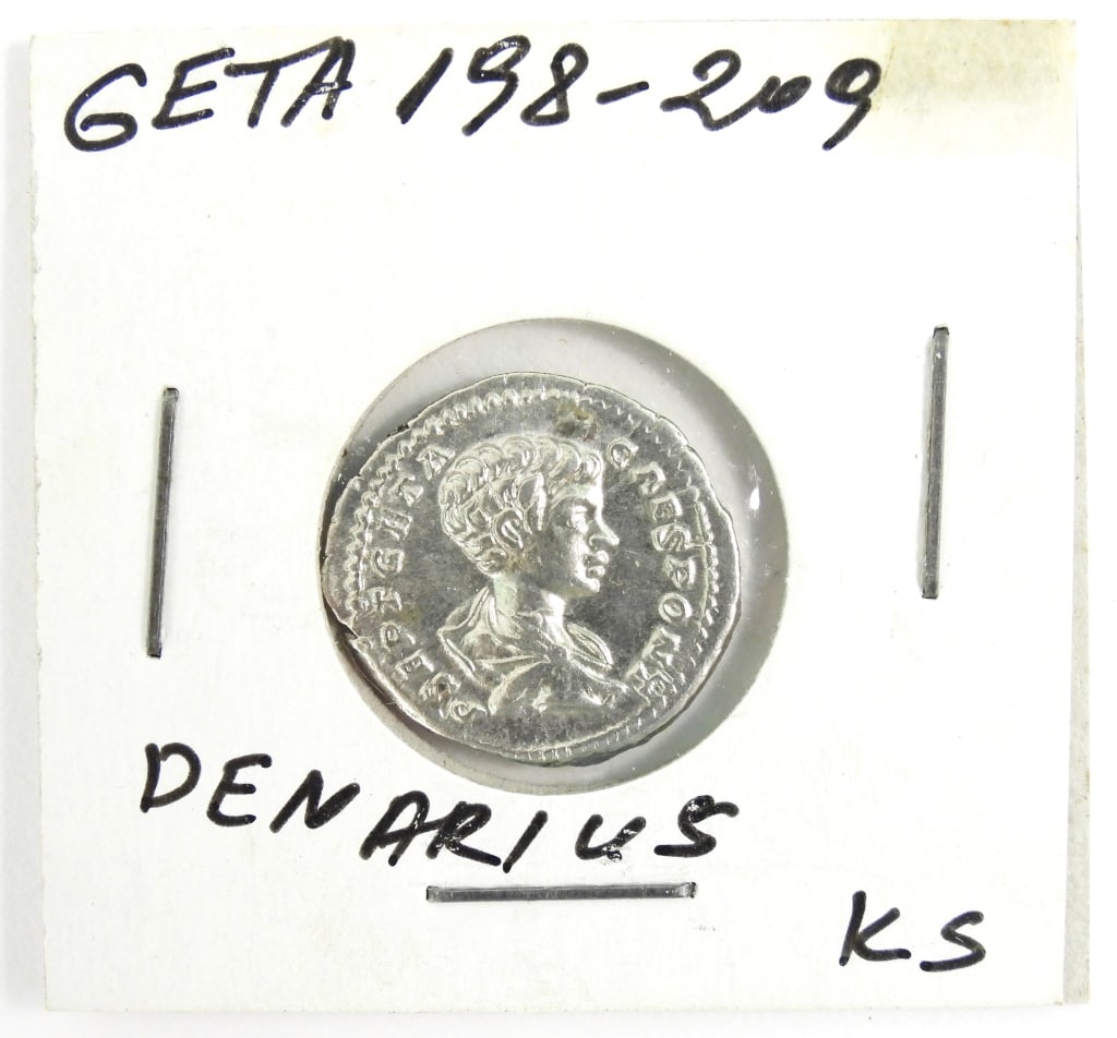 Silver Roman Geta as Caesar Denarius Coin: Silver Roman Denarius coin featuring Geta as Caesar.