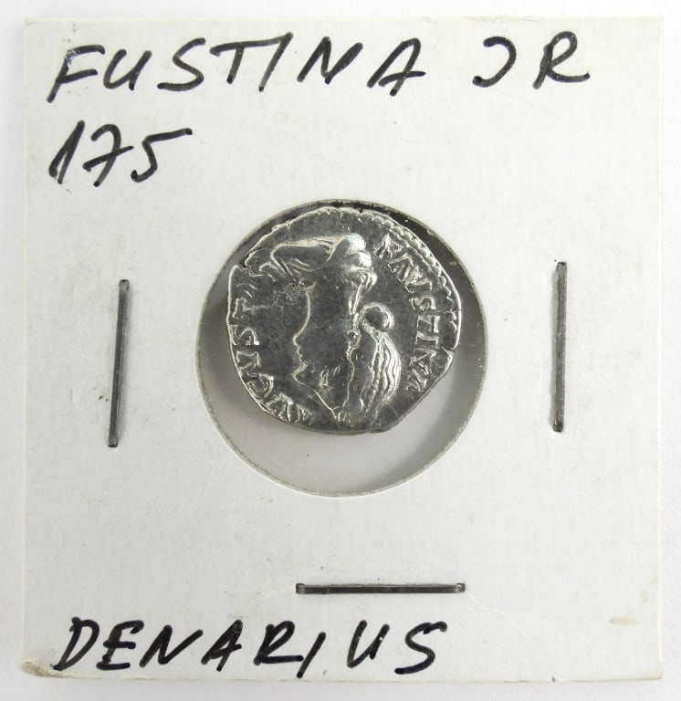 Silver Roman Faustina the Younger Denarius Coin: Silver Roman Denarius coin featuring Empress Faustina the Younger.