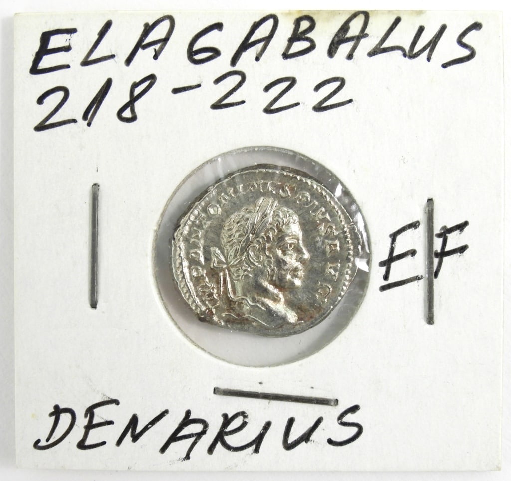 Silver Roman Emperor Elagabalus Denarius Coin: Silver Roman Denarius coin featuring Emperor Elagabalus.